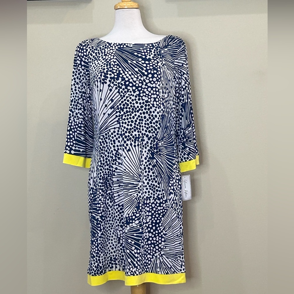 Laura Jeffries | NWT Size 12 Blue/White Geo Print Dress - Picture 1 of 6